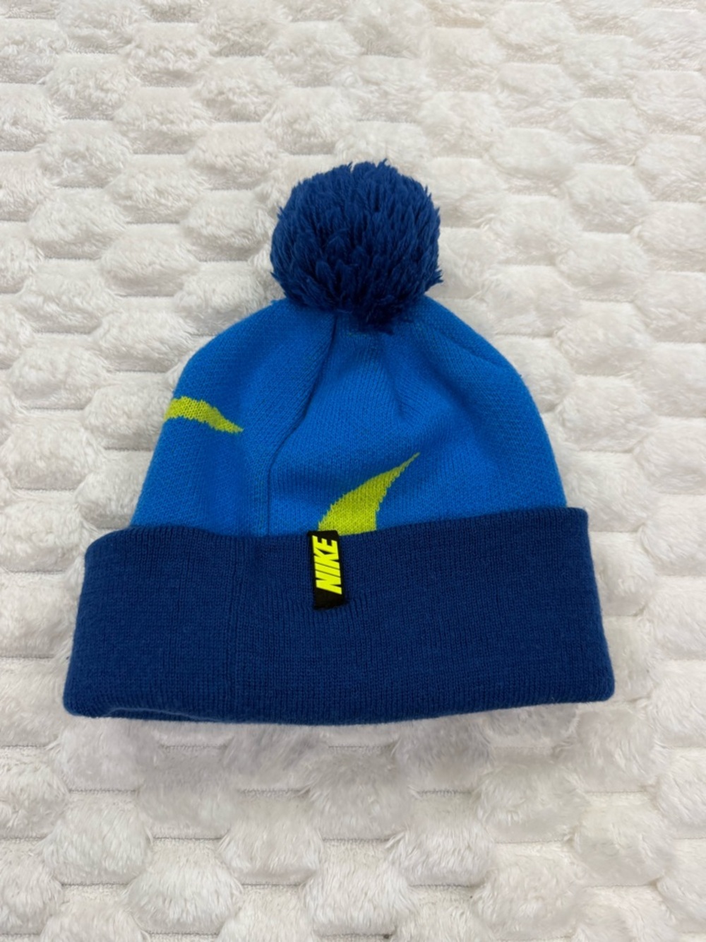 Nike Youth Blue & Lime Green Swoosh Pom Beanie Winter Hat